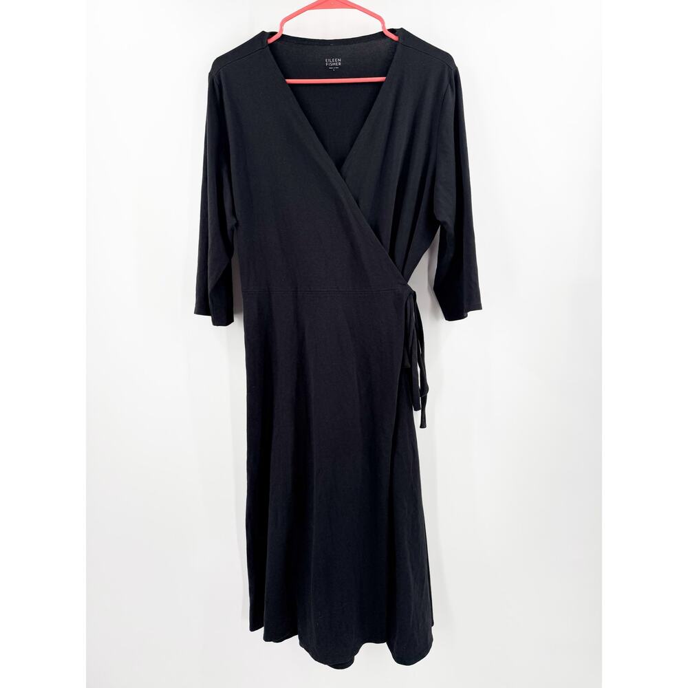 EILEEN FISHER Wrap Dress SZ Large NWOT Black Organic Cotton Stretch Knee Length